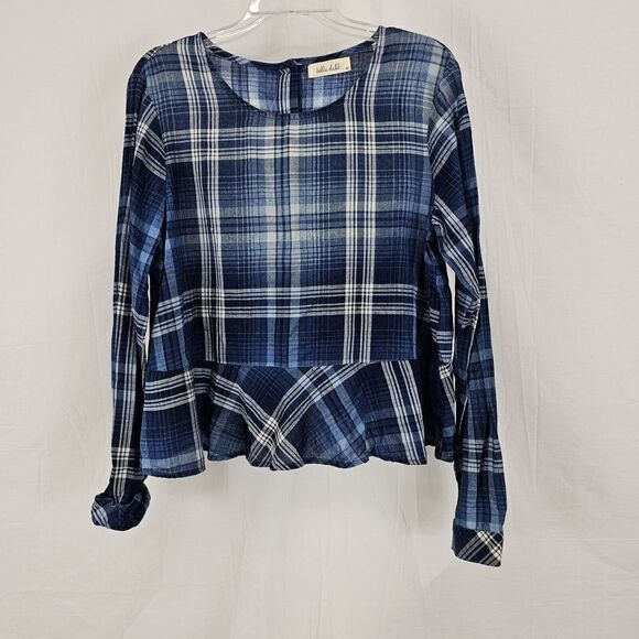 Bella Dahl Plaid Button Back Peplum Top Blue Plaid Women's Size Medium - Picture 1 of 5